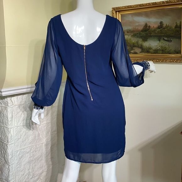 Brigitte Bailey Blue Chiffon Slit Sleeve Rhinestone Cuff Mini Cocktail Dress - Picture 5 of 10